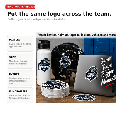 Team logo stickers used on bottles, gear, laptops, lockers and event handouts.