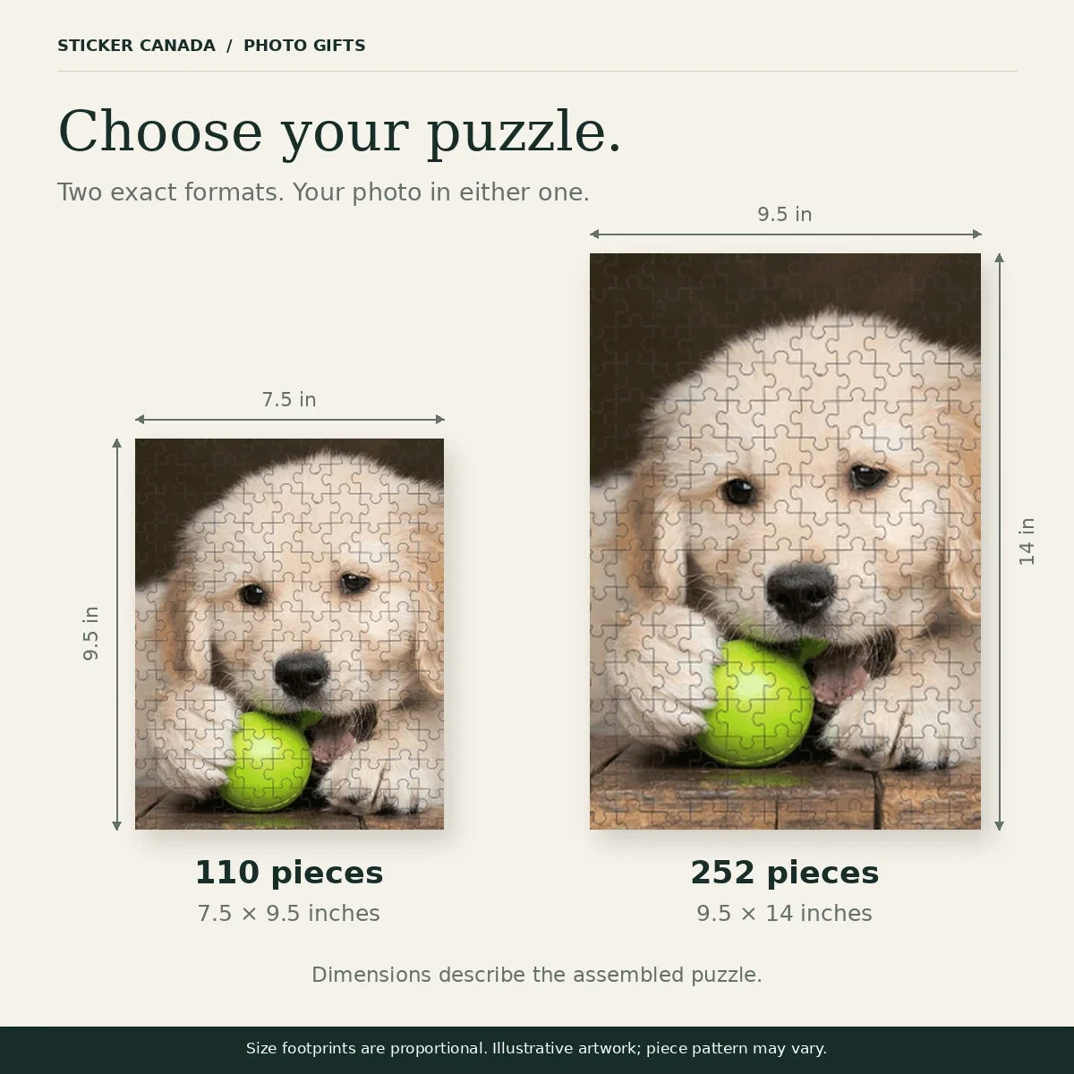 Size comparison of a 7.5 by 9.5 inch 110-piece puzzle and a 9.5 by 14 inch 252-piece puzzle.
