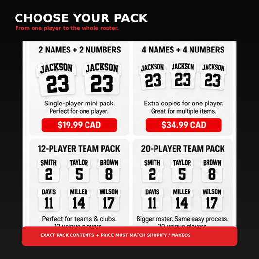Football player sticker pack options for 2+2, 4+4, 12-player and 20-player orders.