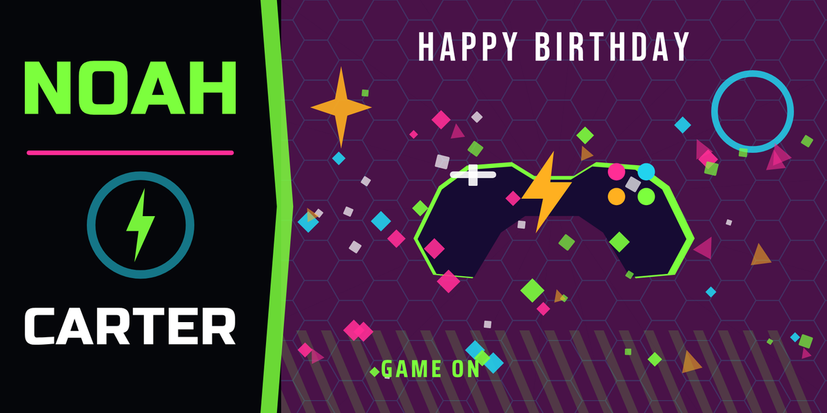 The same gamer birthday banner personalized with a different name, NOAH CARTER, showing that the name is typed in and printed into the artwork.