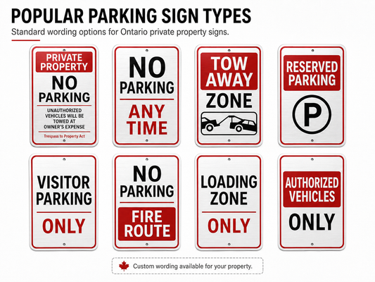 Popular Ontario parking sign wording templates including no parking tow away visitor and reserved parking