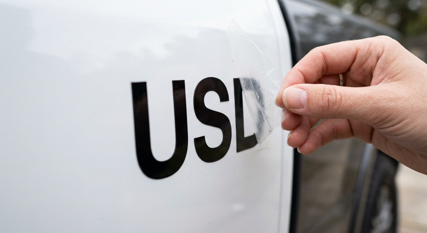 Transfer tape peel showing crisp die-cut USDOT vinyl lettering quality