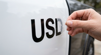 Transfer tape peel showing crisp die-cut USDOT vinyl lettering quality