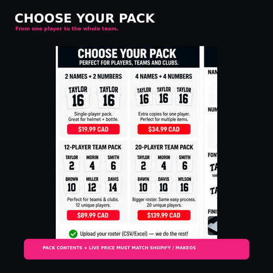 Ringette player sticker pack options for individual players and 12- or 20-player team roster orders.