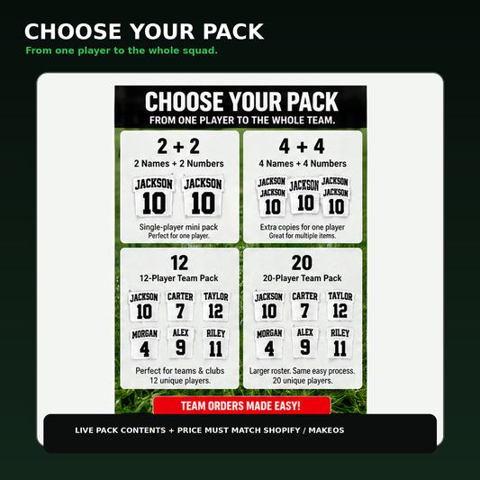Soccer name and number sticker pack choices for single players and 12- or 20-player team roster orders.
