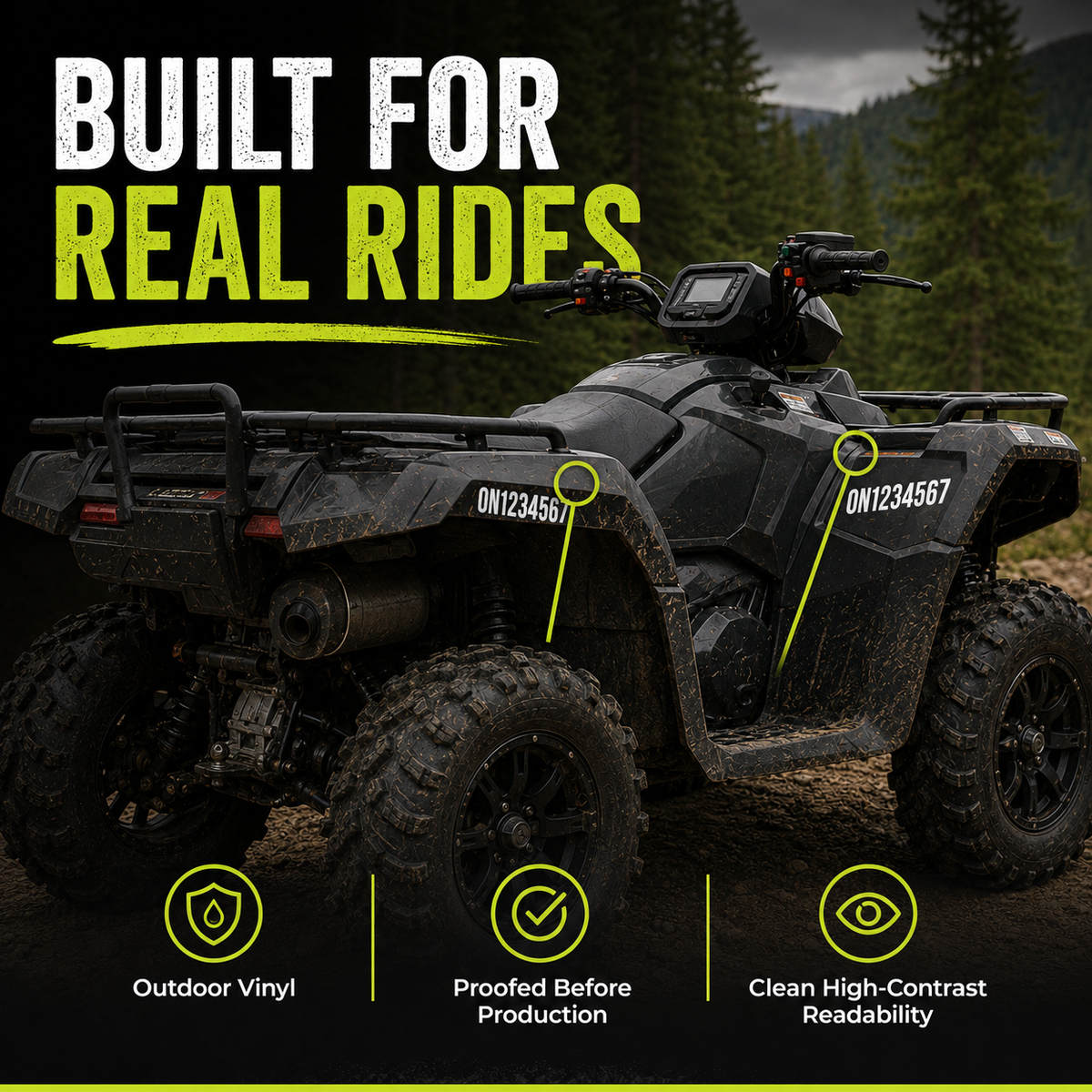ATV number decal placement examples on smooth side panels and fenders
