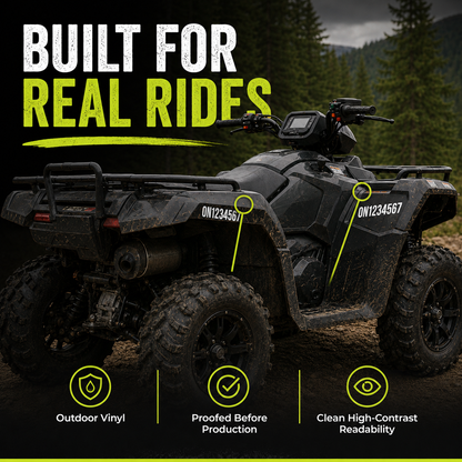 ATV number decal placement examples on smooth side panels and fenders