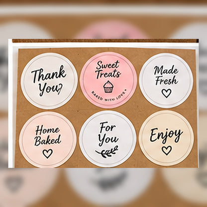 Examples of round custom bakery seal designs.
