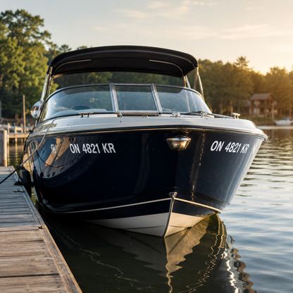 Illustrated front view showing matched white registration numbers on both sides of a boat bow