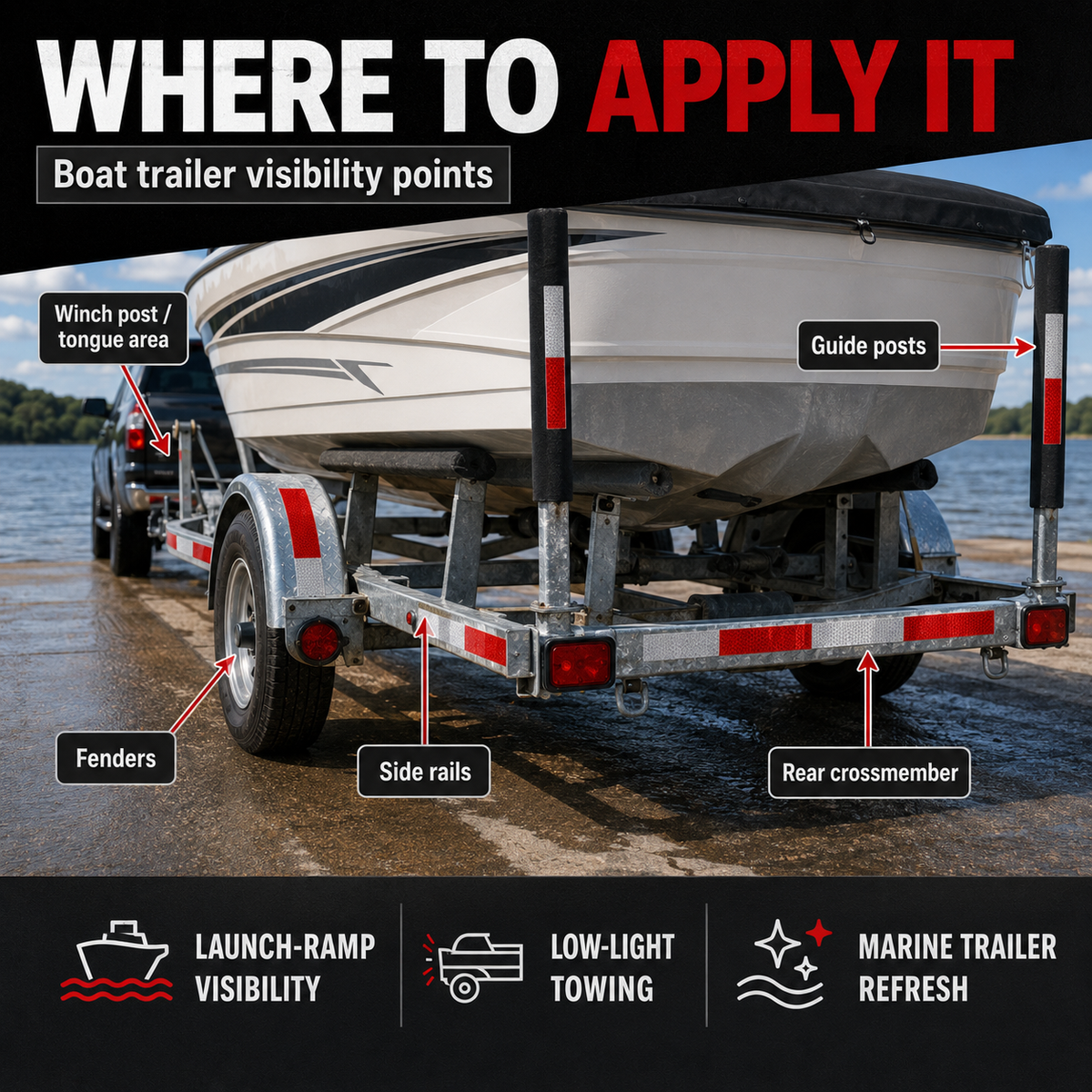 Boat trailer reflective tape placement guide for guide posts side rails rear crossmember fenders and tongue area