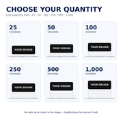 Bumper sticker quantity options from 25 to 1000 — bulk pricing for teams, events and businesses