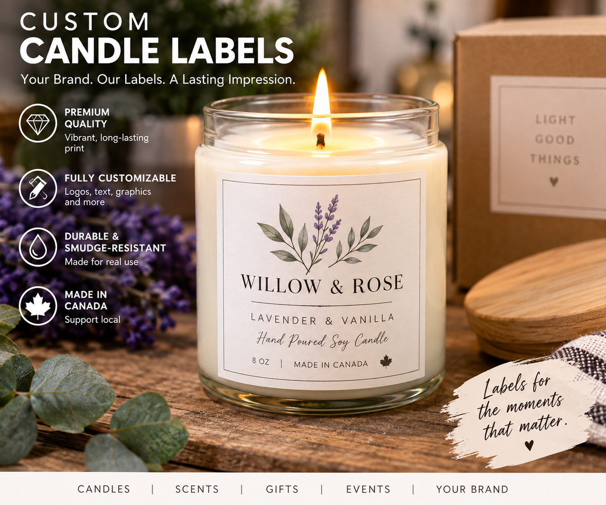 Custom candle label example showing a branded candle presentation.