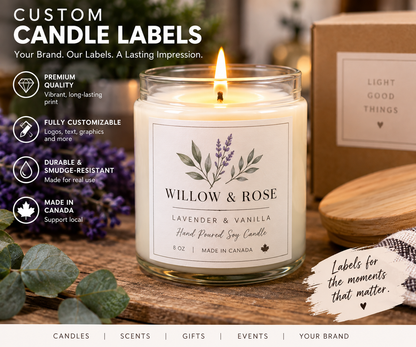 Custom candle label example showing a branded candle presentation.