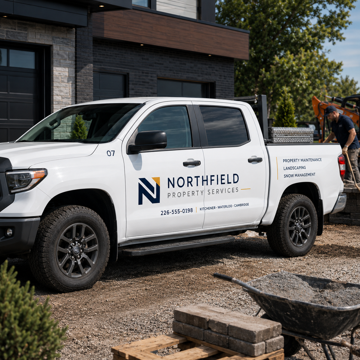 Pickup truck with business lettering at contractor worksite