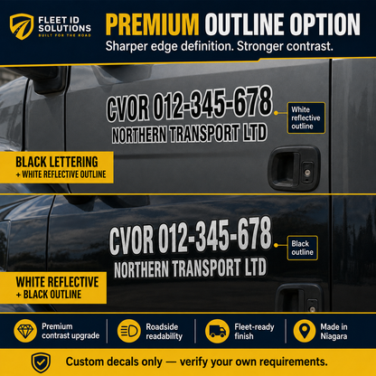 Premium outline option for CVOR door decals showing reflective white with black outline and black lettering with white reflective outline styling