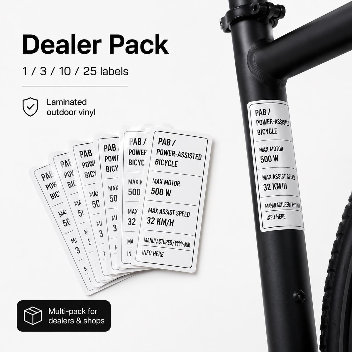 Dealer pack of Ontario PAB frame labels with multi-pack quantity options