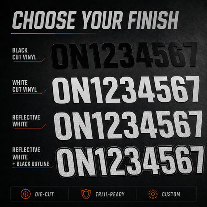 Dirt bike number decal finish options in black white reflective white and reflective outline