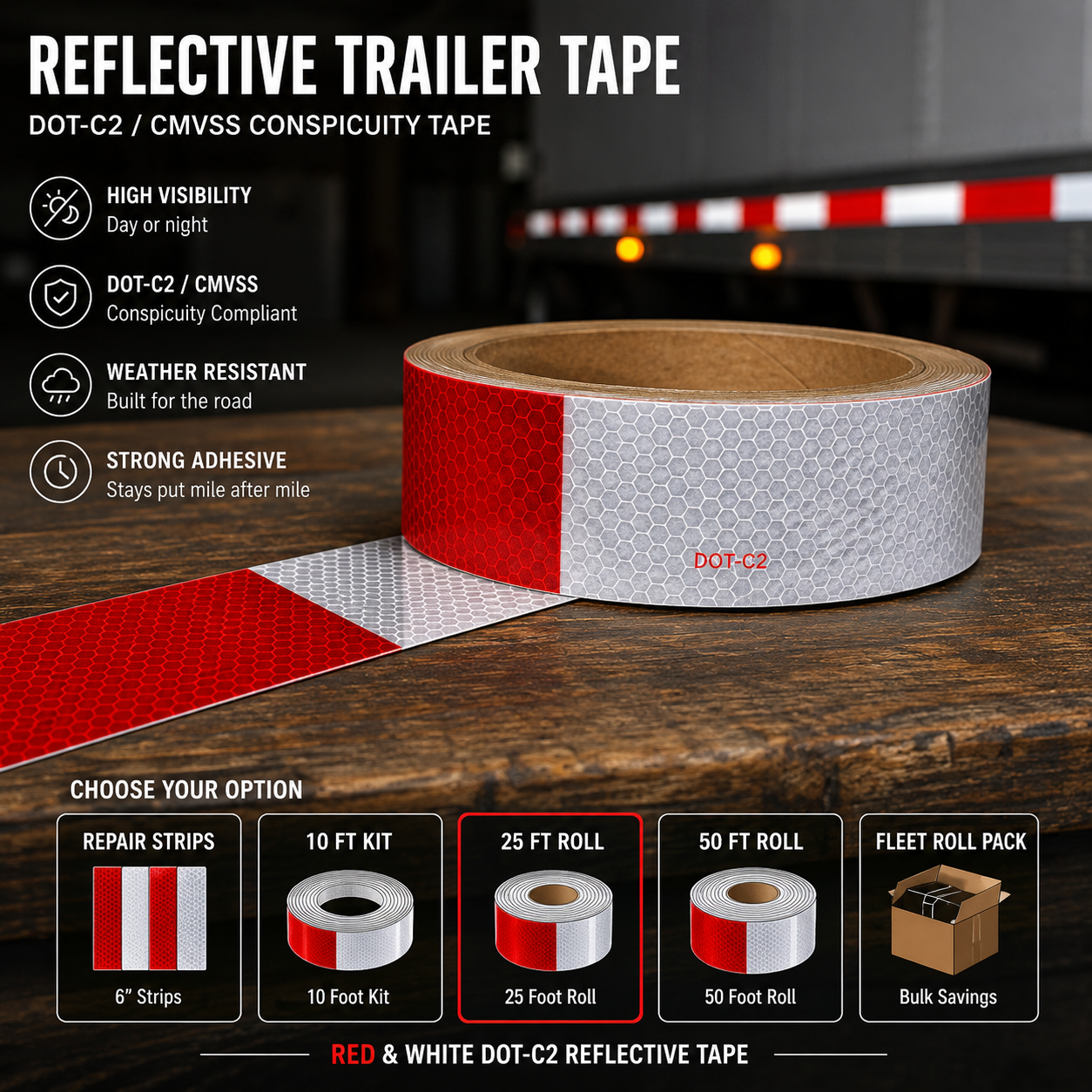 DOT-C2 reflective trailer tape roll with repair strips 10 ft 25 ft 50 ft and fleet roll options