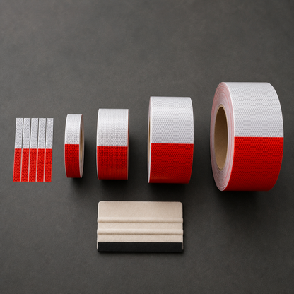 Illustrative reflective tape quantities arranged from repair strips to bulk roll