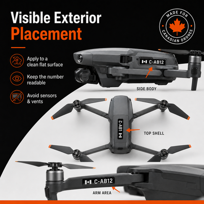 Placement guide for drone registration labels on exterior shell and arm areas