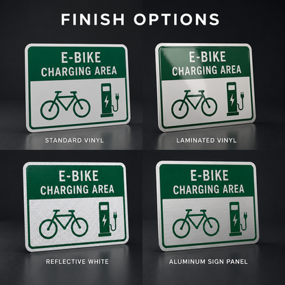 E-bike charging sign material choices including rigid aluminum composite and reflective options