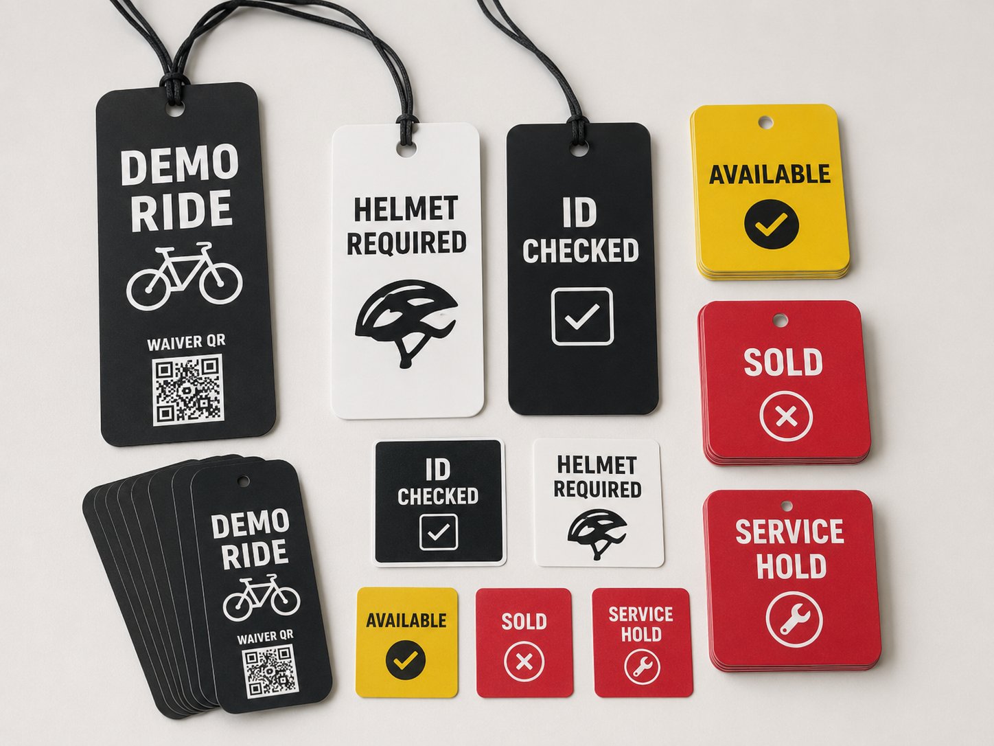 Demo ride tags, waiver QR labels, helmet required tags, ID checked tags, and showroom status tags