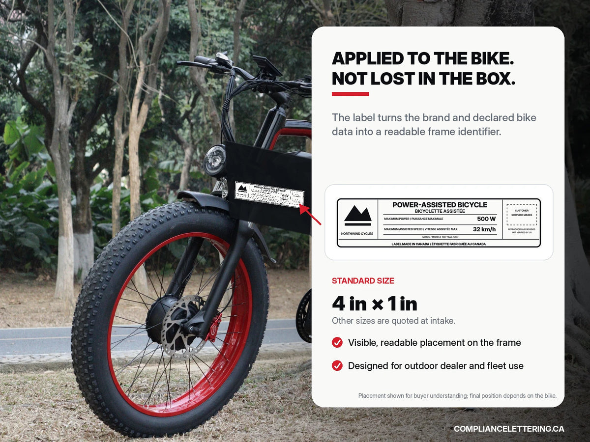 Example placement of a 4 inch by 1 inch branded power-assisted bicycle label on an e-bike frame with an enlarged label preview.