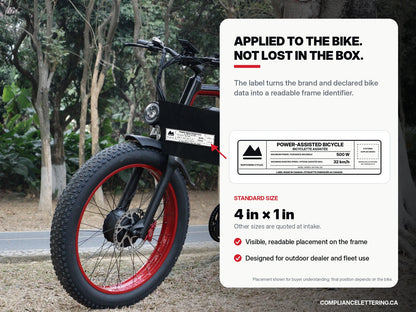 Example placement of a 4 inch by 1 inch branded power-assisted bicycle label on an e-bike frame with an enlarged label preview.