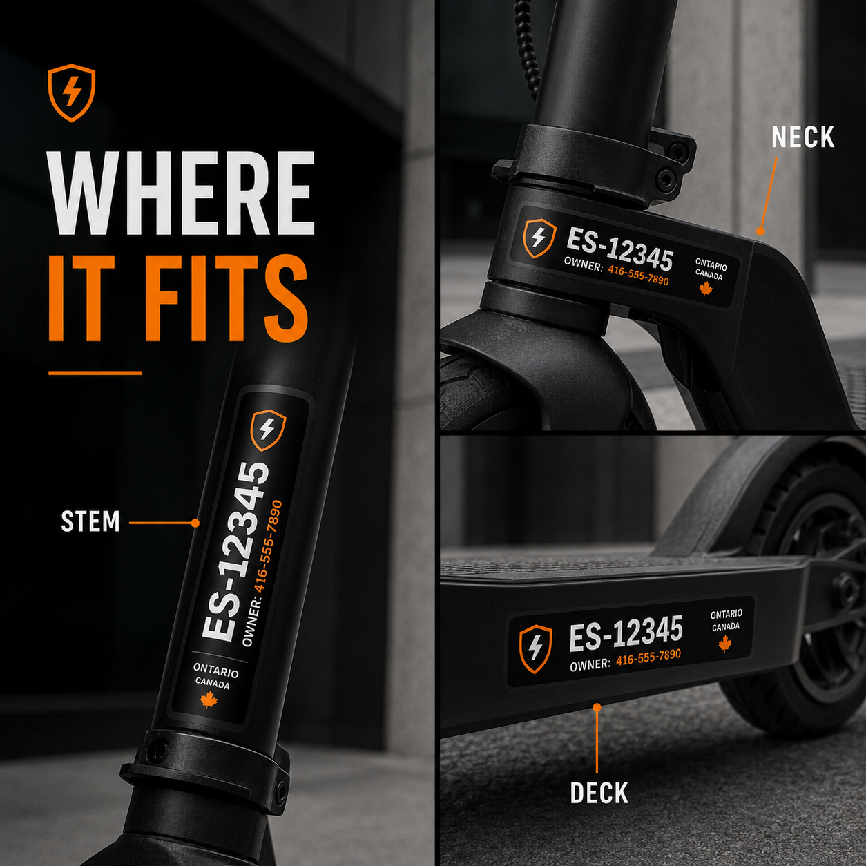 Electric scooter ID label placement guide for stem neck and deck-side areas