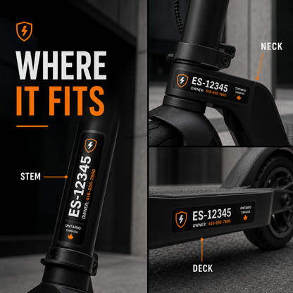 Electric scooter ID label placement guide for stem neck and deck-side areas