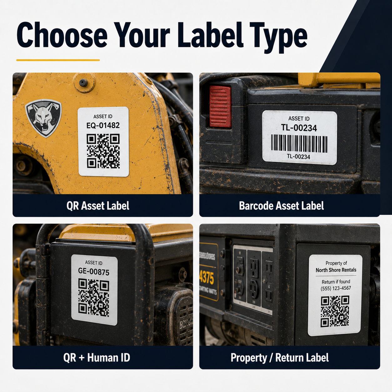 Equipment asset label type options including QR barcode QR human ID and property return label