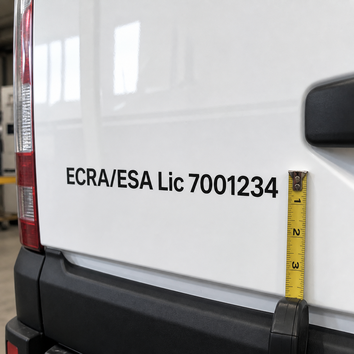 Close view of fictional ECRA/ESA Lic 7001234 vehicle lettering beside a one-inch measurement reference.