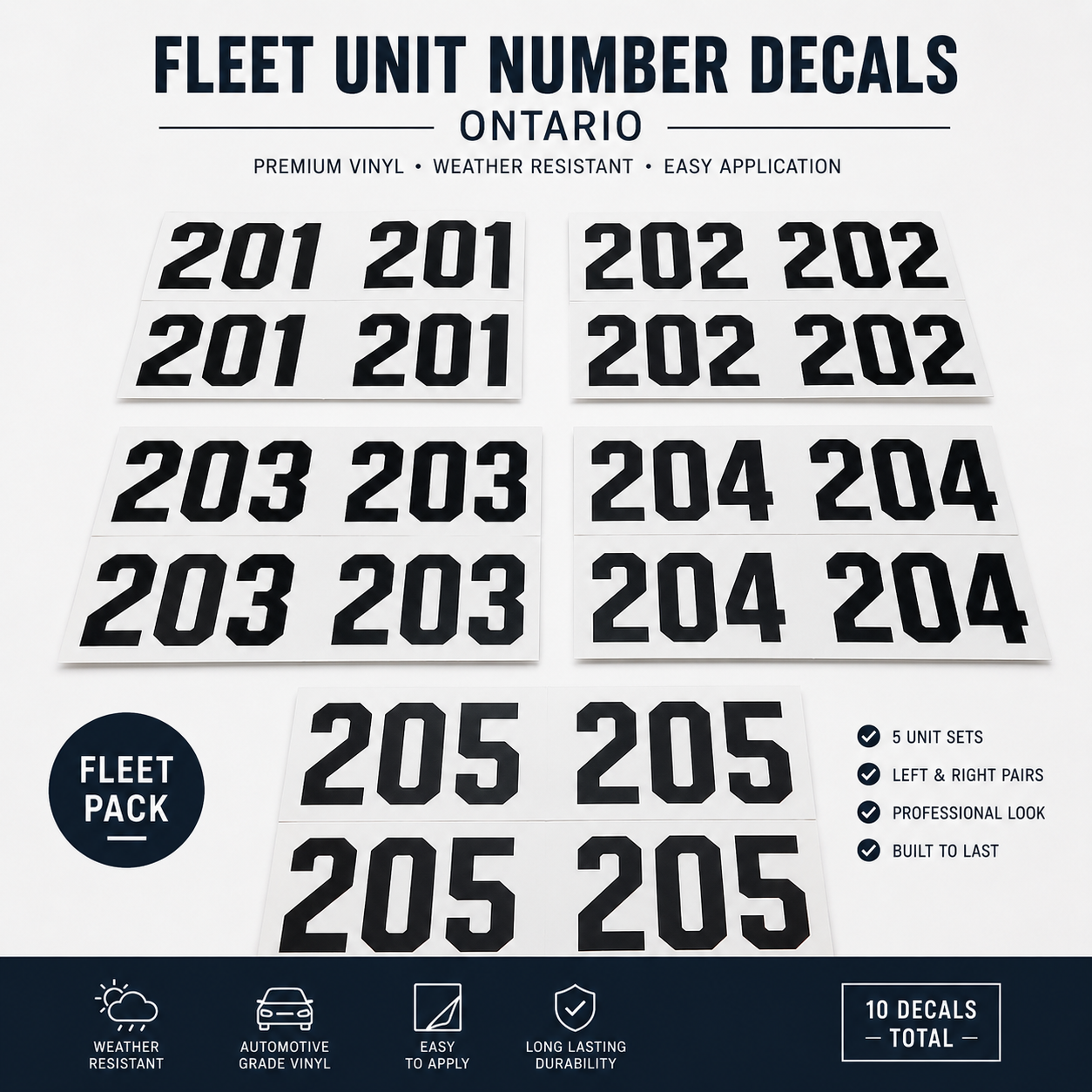 Fleet unit number decal pack with grouped numbered sets for multiple vehicles