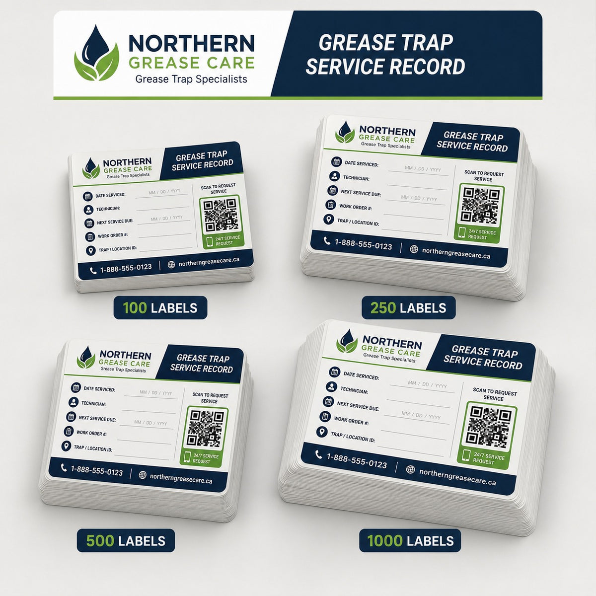 Sample custom grease trap service label packs showing 100, 250, 500 and 1000 label quantities