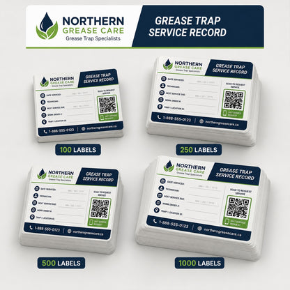 Sample custom grease trap service label packs showing 100, 250, 500 and 1000 label quantities