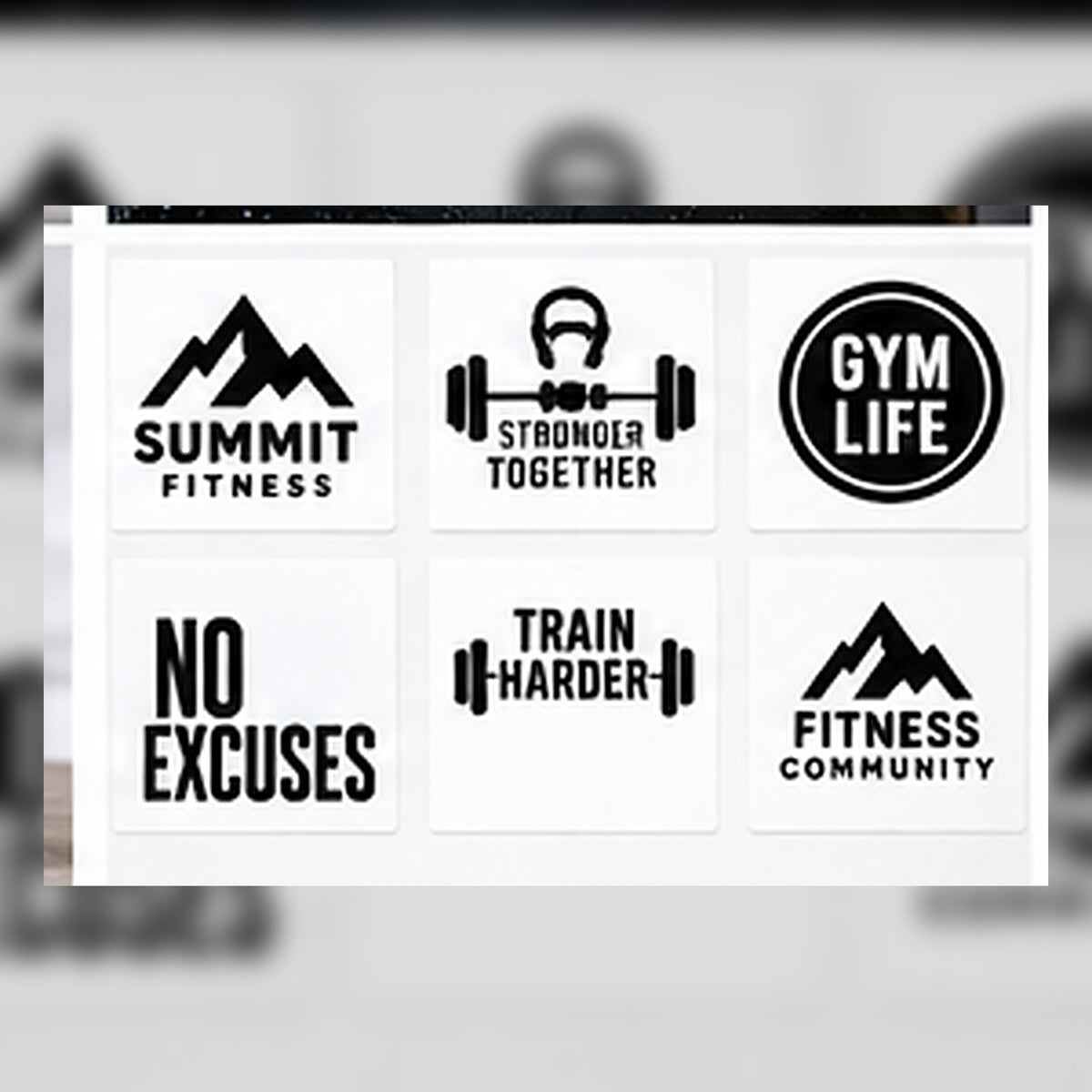 Examples of custom gym logo sticker designs.