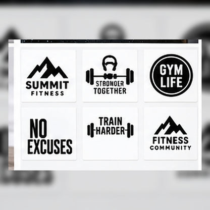 Examples of custom gym logo sticker designs.