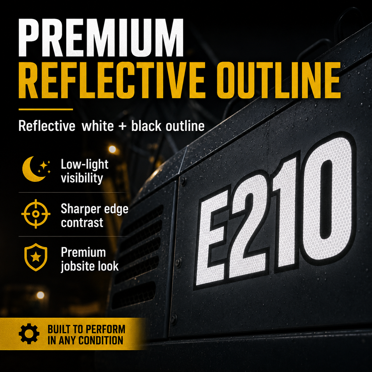 Premium reflective white equipment number decal with black outline on dark machine panel