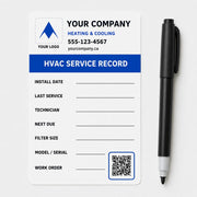 Sample HVAC service record label with writable install, service, technician, filter, model and work-order fields