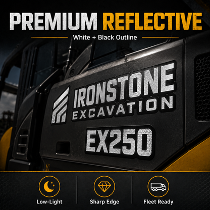 Premium reflective white jobsite equipment ID decals with black outline on machine panel