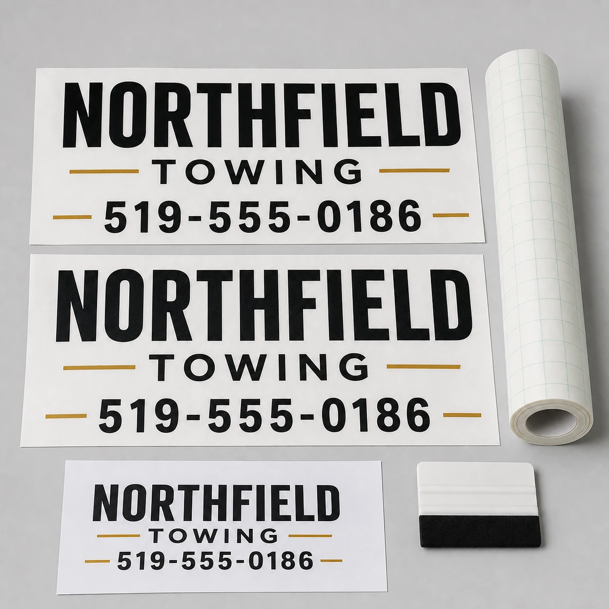 Three common vehicle lettering kit sizes with transfer tape and a felt-edge application squeegee.