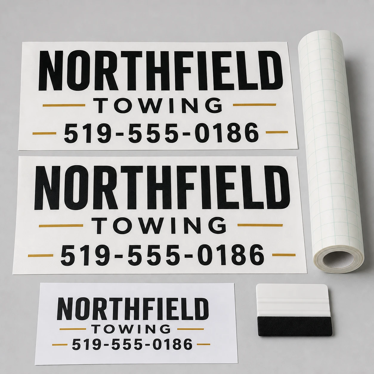 Three sizes of custom door lettering decals with application tape and a squeegee laid out on a flat surface.