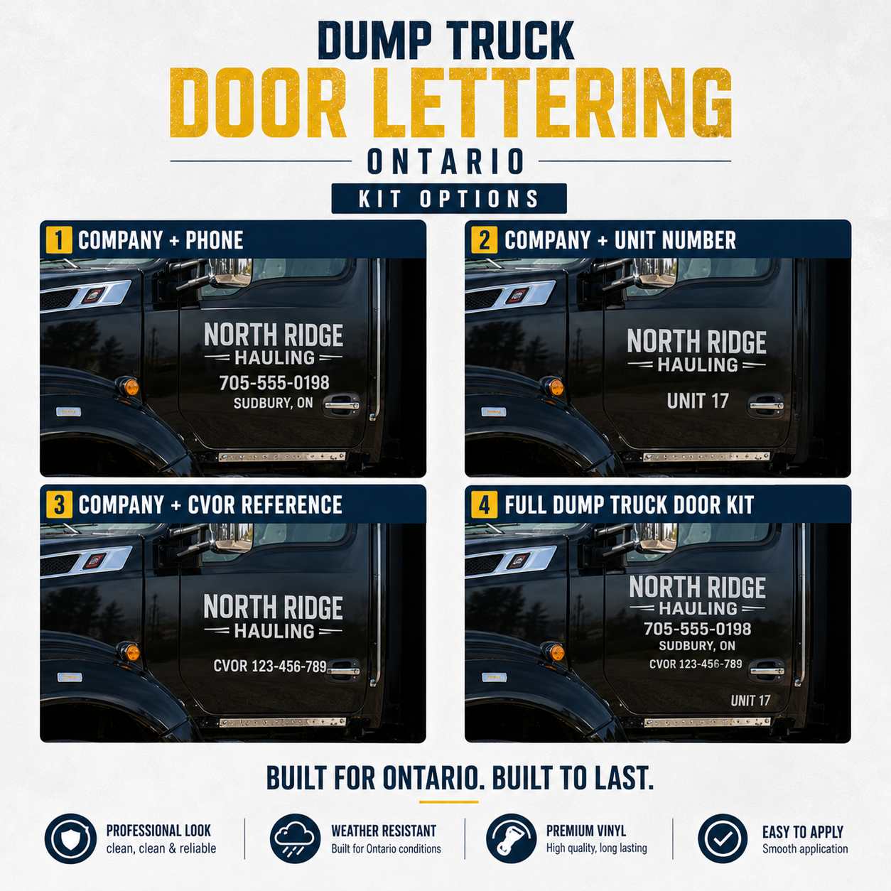 Dump truck door lettering kit options including company and phone, unit number, CVOR reference, and full dump truck kit