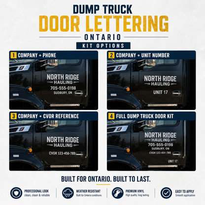 Dump truck door lettering kit options including company and phone, unit number, CVOR reference, and full dump truck kit