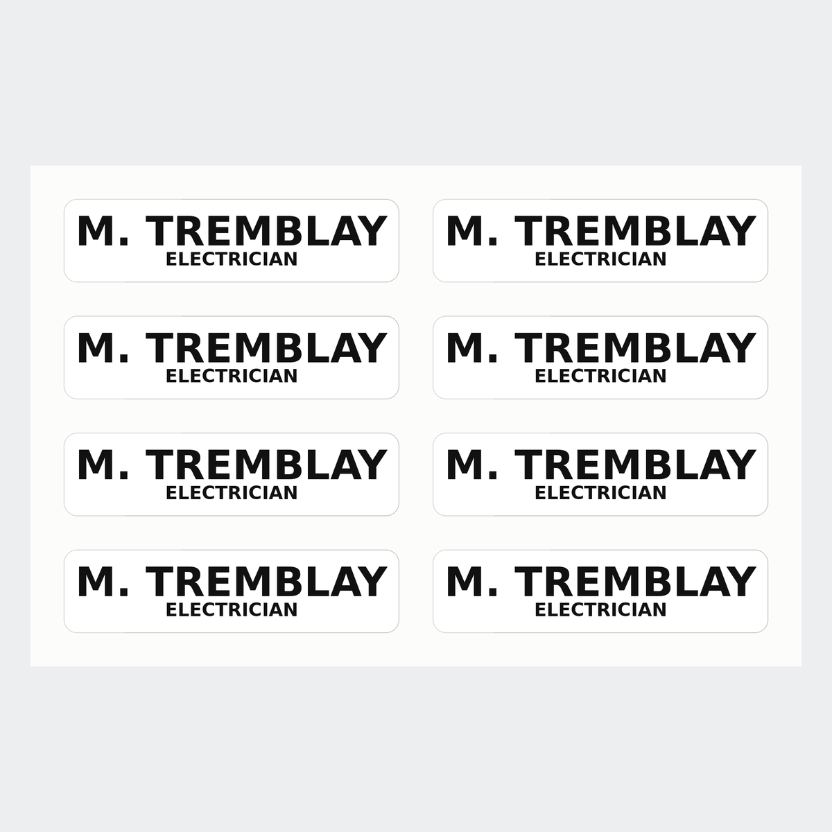 An eight sticker pack of identical gloss name strips on their liner sheet.