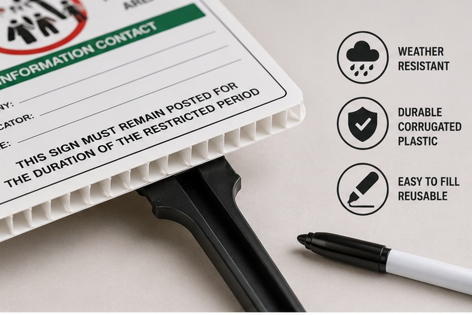 Close-up of a 4 mm corrugated plastic pesticide notice sign edge and black ground stake