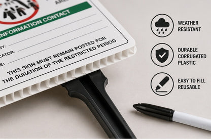 Close-up of a 4 mm corrugated plastic pesticide notice sign edge and black ground stake