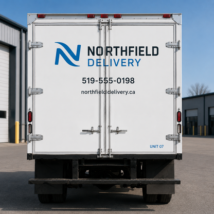 Rear doors of delivery vehicle with company name, phone number, website, and unit number