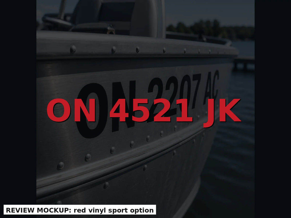 Red boat registration numbers on a dark hull, PCL display height