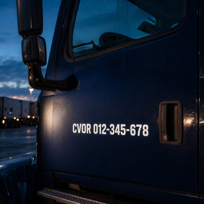 Reflective white CVOR number-only reference decal illuminated on a dark truck door at dusk